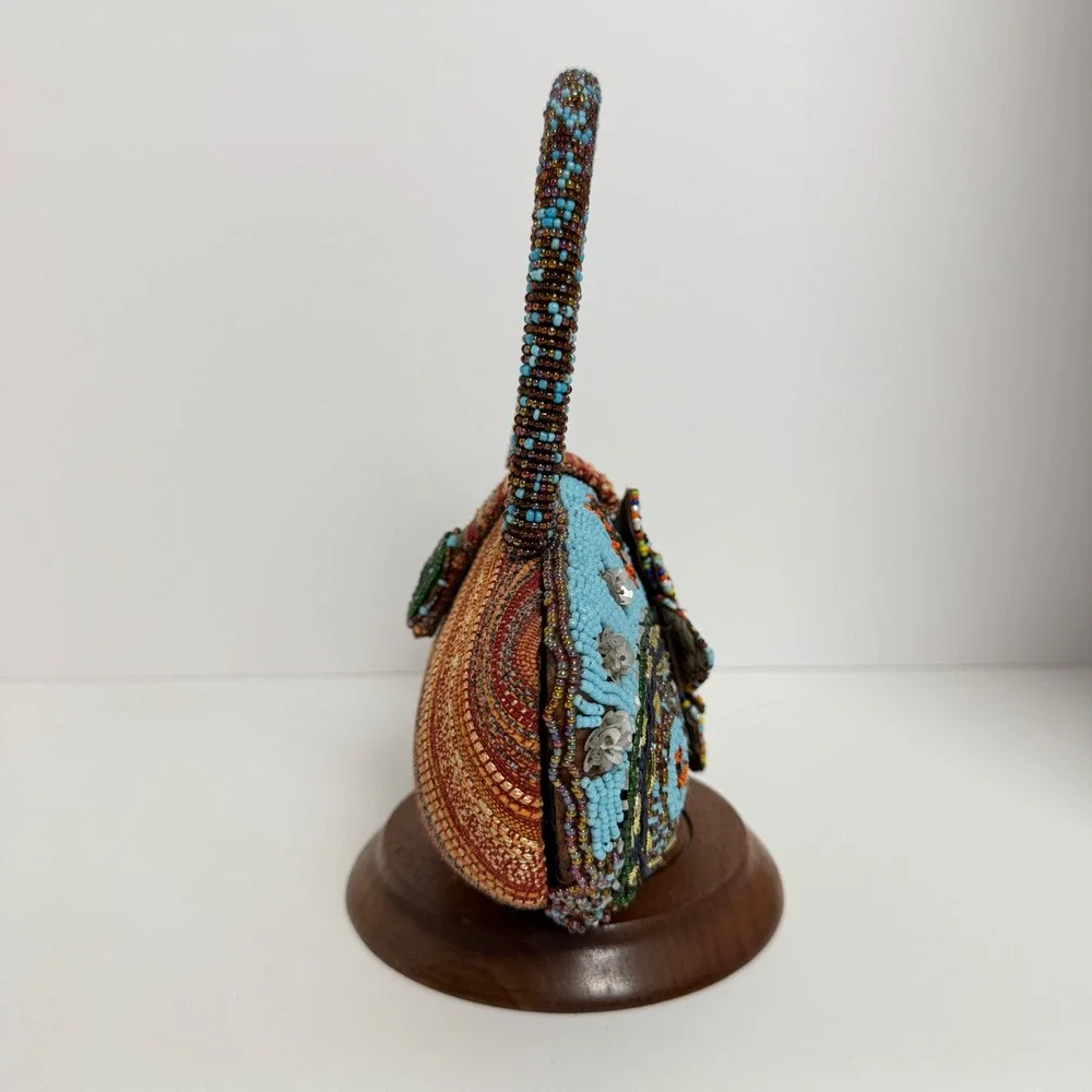 Beaded Floral Top Handle Bag Small Boho Eclectic Multicolor Purse‎